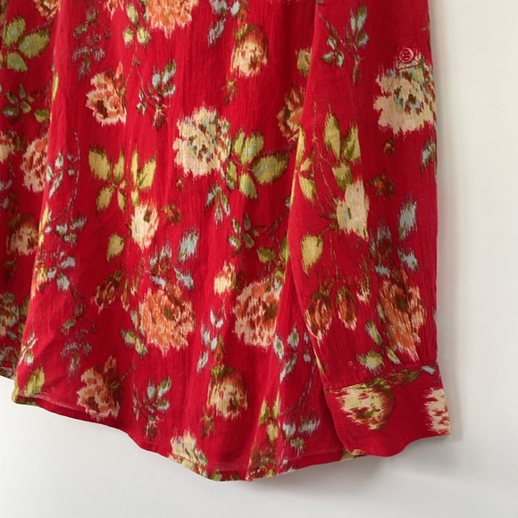 Pendleton Red Floral 100% Cotton Roll Tab Sleeve Blouse Top Cottagecore Medium - Picture 8 of 14